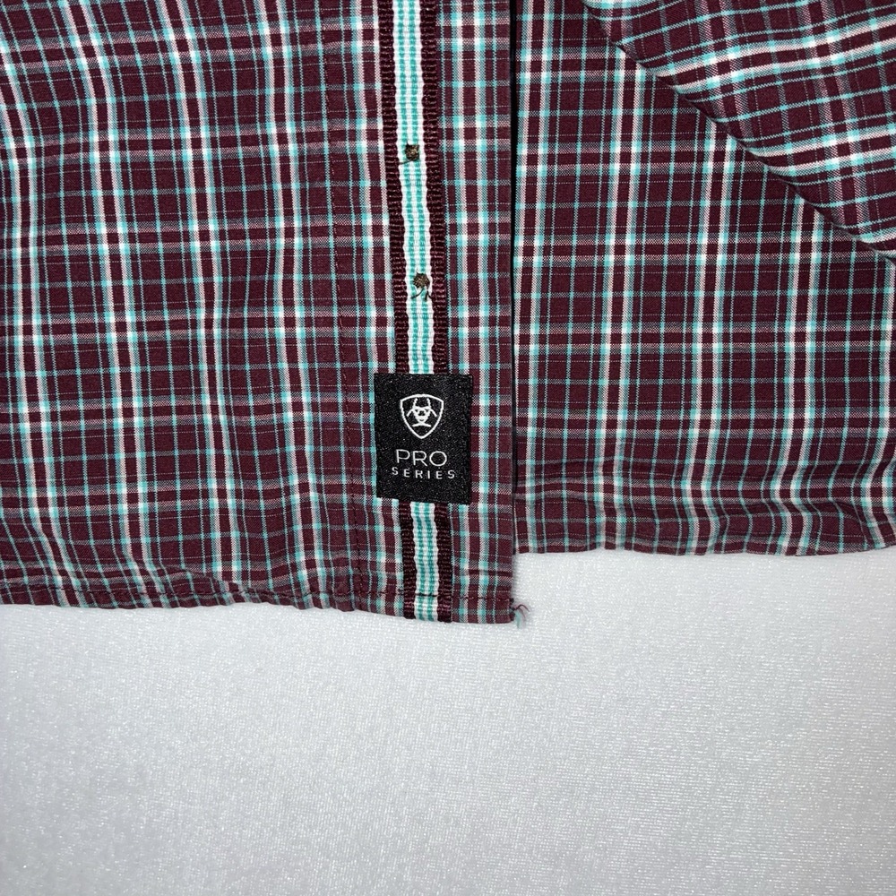 Ariat Pro Series Shirt Mens Small Burgundy Teal Plaid Long Sleeve Western Button - Picture 7 of 11